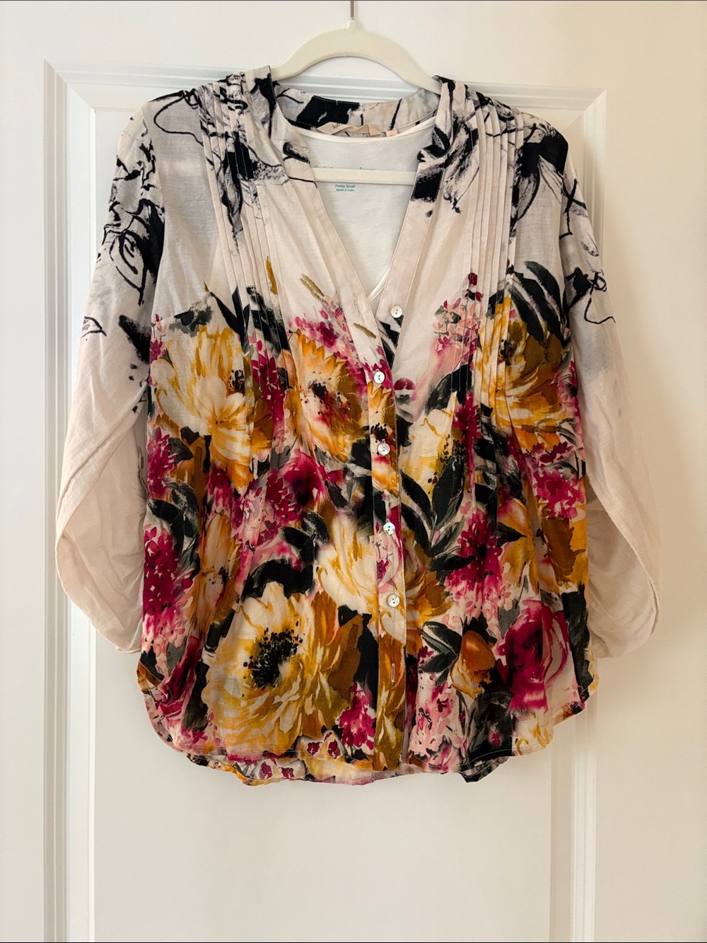 Soft Surroundings Floral Button-Front Blouse in Pink, Yellow & Black